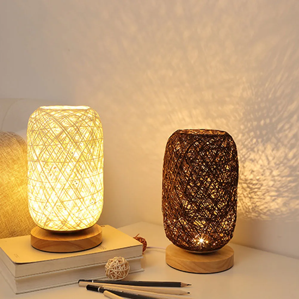 

Wooden Twine Table Lamp Bedside with Usb Farmhouse Desk Light Lamps Nursing for Bedroom Small Accent