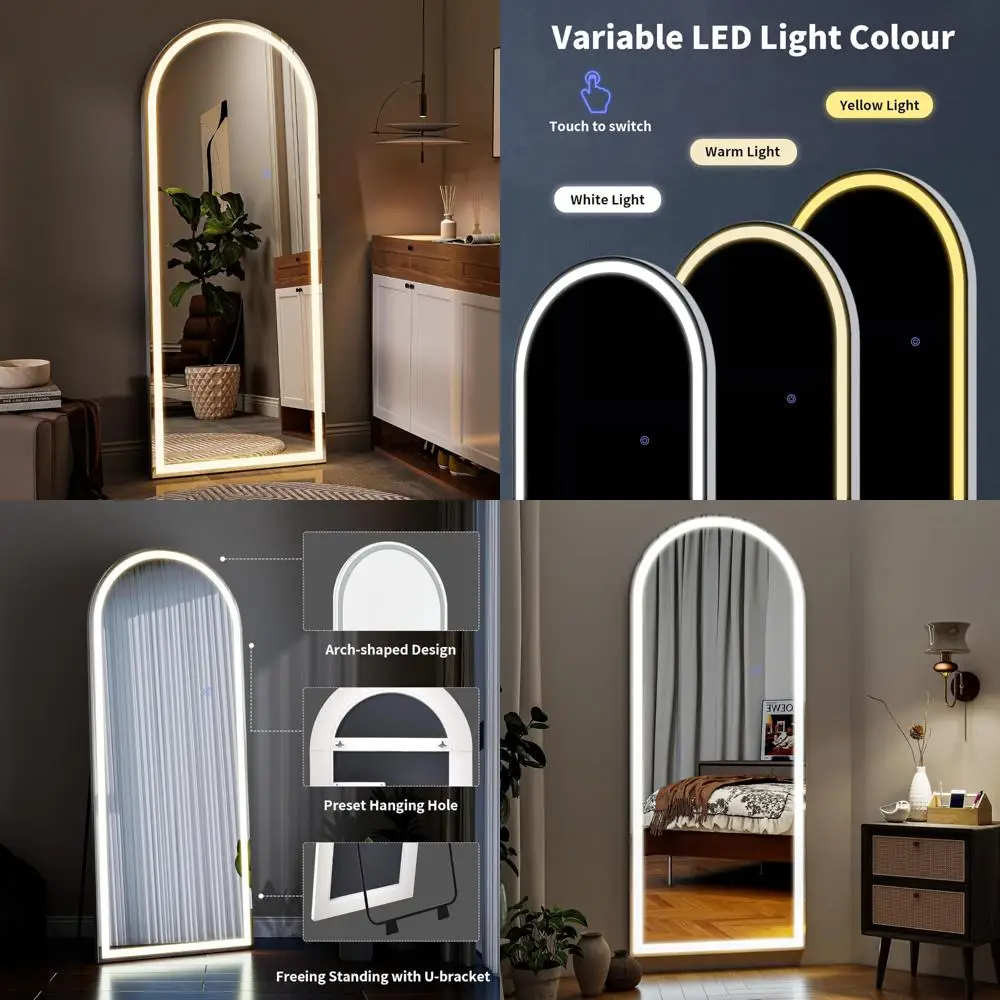 LED Full-Length Arched Floor Mirror with Dimmable Lights, 3 Color Modes, Standing or Wall Mounted for Body Viewing