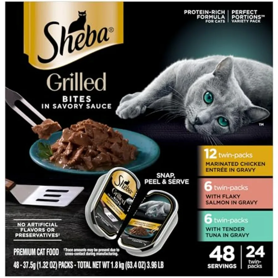 Porciones Perfectas de Pollo Asado en Salsa Sabrosa, Comida Húmeda para Gatos Adultos, Pollo Marinado, Salmón en Trozos, Atún Tierno, 2.64 oz. Paquete Doble Tr