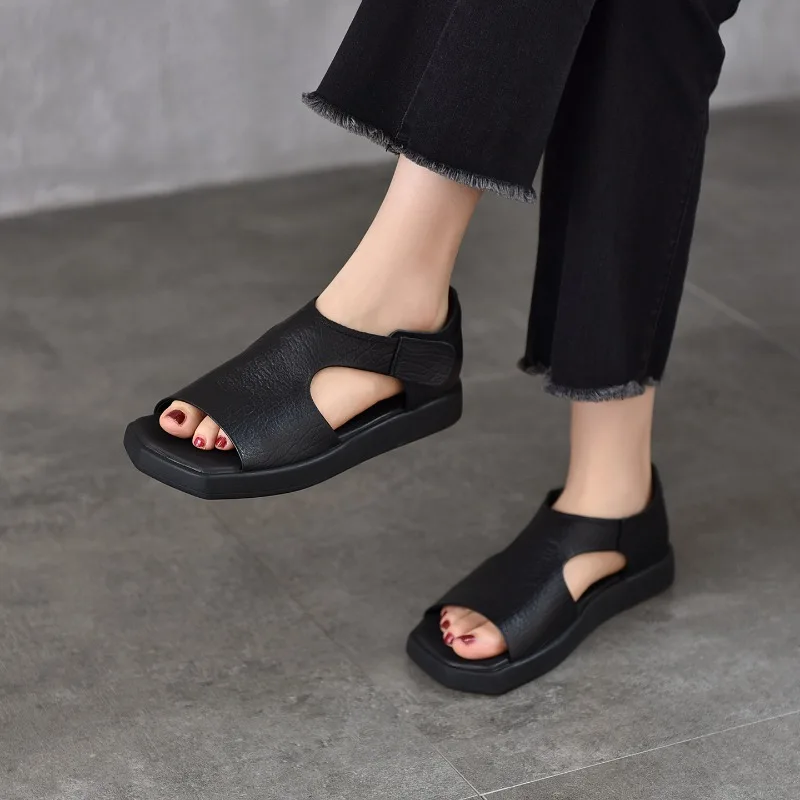 

2026 Summer New Fashion Women's Flat Sandals Luxury Genuine Leather Handmade Breathable Comfortable Peep Toed Versatile Shoes