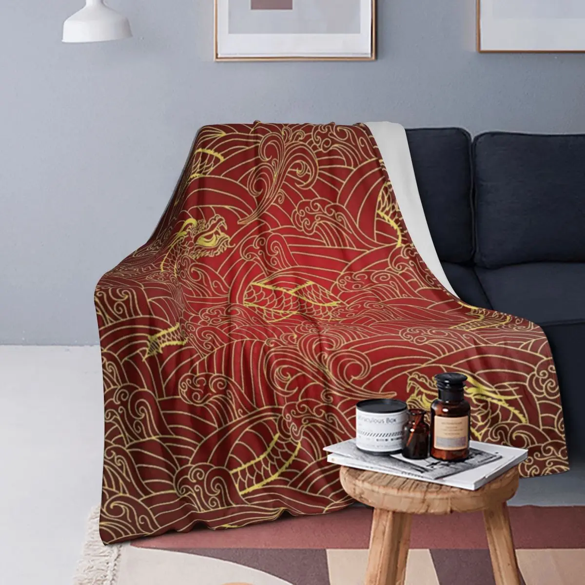 

Gold Dragon Pattern Blanket Soft Warm Flannel Throw Blanket Plush for Bed Living room Picnic Travel Home Sofa