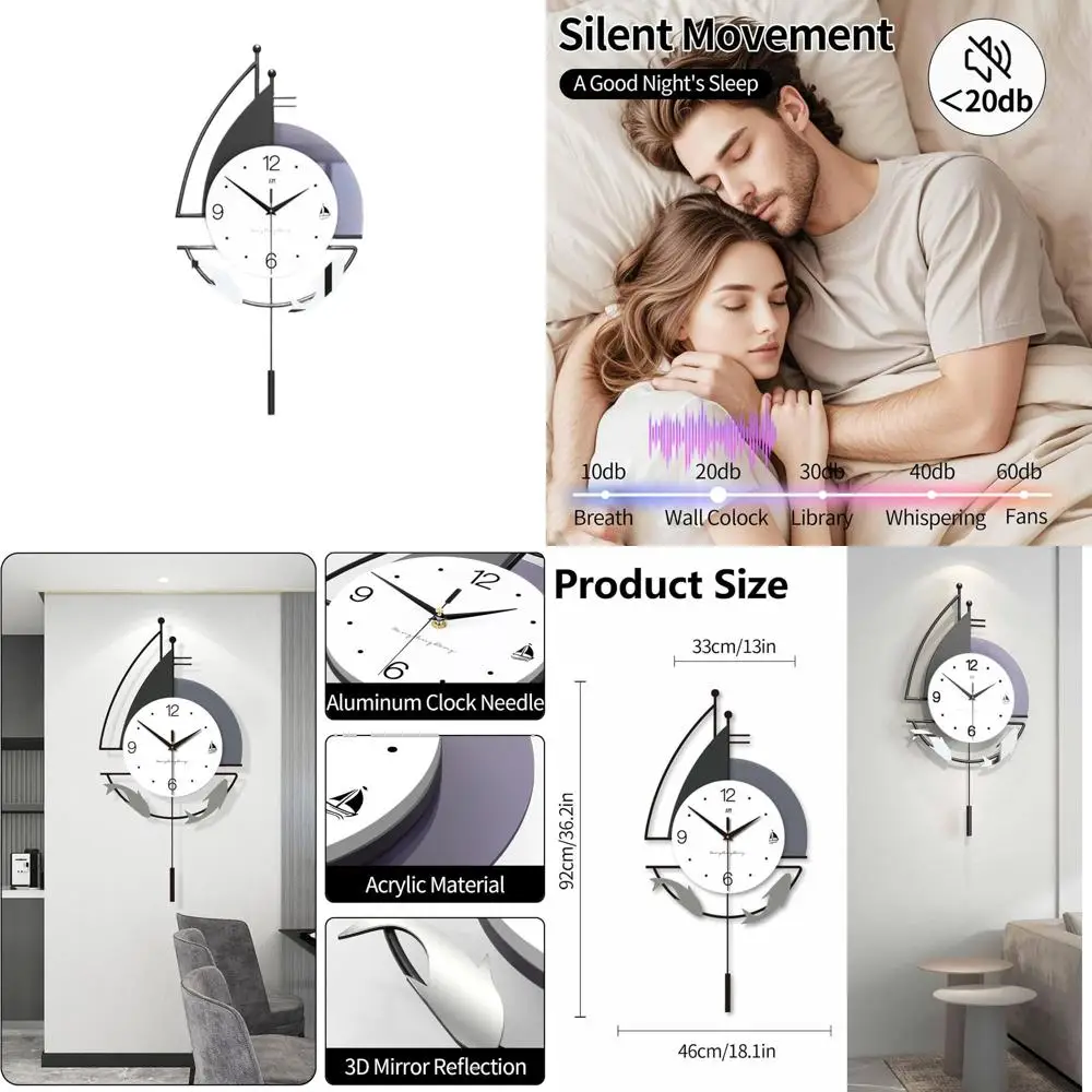 

Современные бесшумные настенные часы, стильные нетикающие маятниковые часы для дома, большие часы на батарейках, 36,2x18,1 дюйма, черный и белый