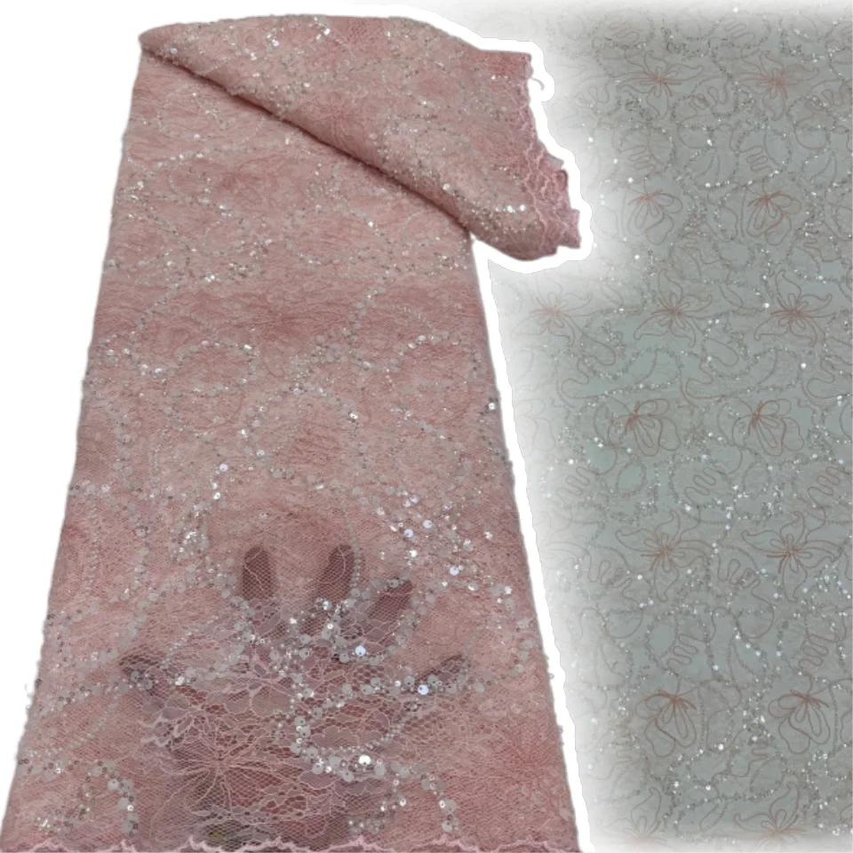 

5 Yards African Lace Fabric 2026 Nigerian Sequins Beaded Wedding Decoration Tulle Lace Fabric Bridal Party Dress Sewing 2769