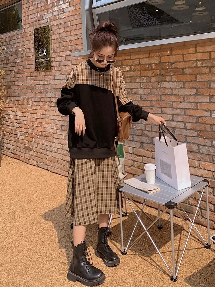 

New Fall Women's Clothing 2023 French Plaid Fashion Fake Two Pieces Contrast Color Sweatshirt Dress 0830