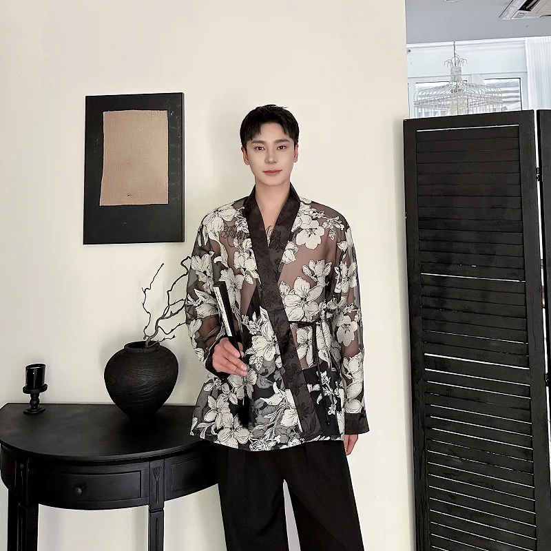 

New Chinese Sle Men's irt Summer Thin Elegance European Organza Netie Men's Hanfu Tang Costume Long Sve Loose Fit irt