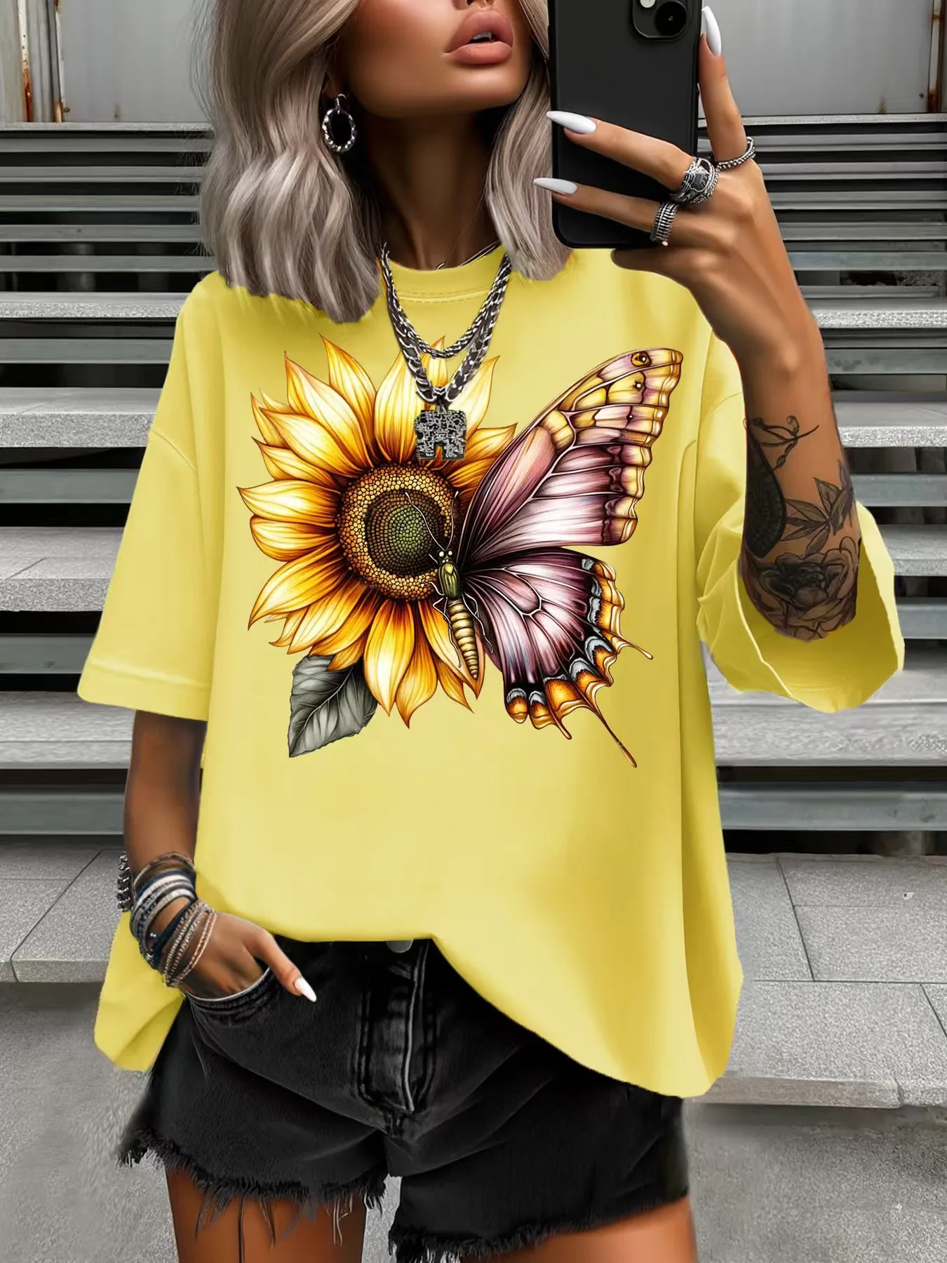 

Летняя женская футболка больших размеров, оригинальный дизайн, женские повседневные топы с короткими рукавами и принтом подсолнечника и бабочки с круглым вырезом