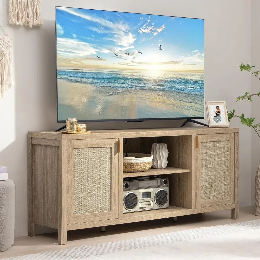 Rattan TV Stand for Living Room -Wood TV Console Cabinet with Storage and Adjustable Shelf, Boho Entertainment Center