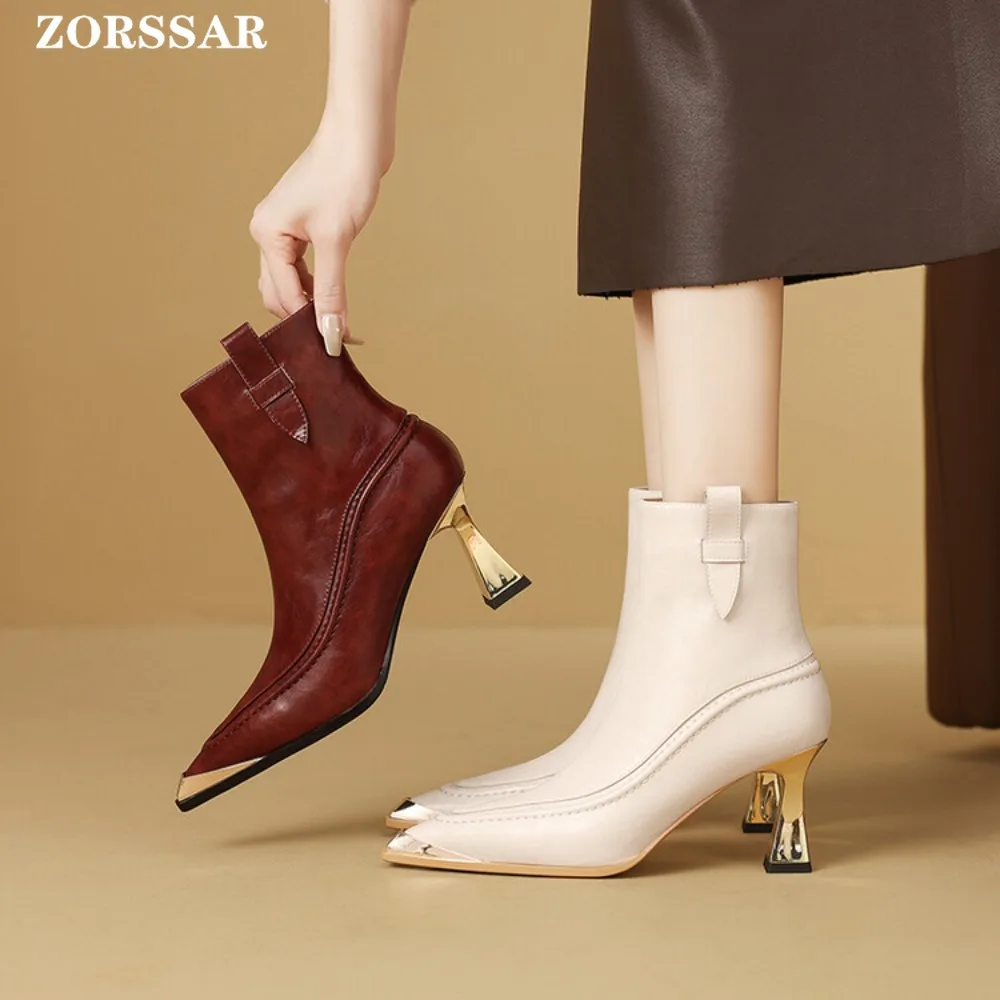 

Shoes Genuine Leather Pointed Toe Boots Women Ankle Boots Sexy High-heel Boots Autumn Winter Shoes Short Boot Women Bootie