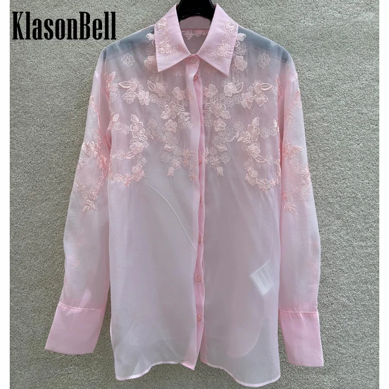 

6.22 KlaasonBell Women Fashion Sweet Pink Embroidery Floral Print Organza Blouse 2024 New Thin Breathable Long Sleeve Shirt