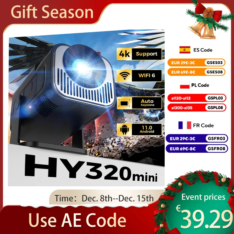 Hy320 Mini Draagbare Projector 4K 1080P Native 1280*720P Android11 Wifi6 Bt5.0 Auto Keystone Cinema Data Show Beam Projector Hdmi