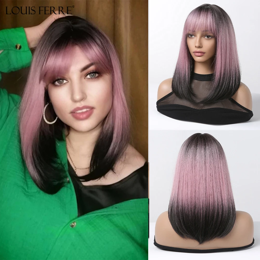 Short Black Pink Ombre Synthetic Wig With Bangs Straight Pink Wig for Women Heat Resistant Halloween Cosplay Wigs Fake Hair