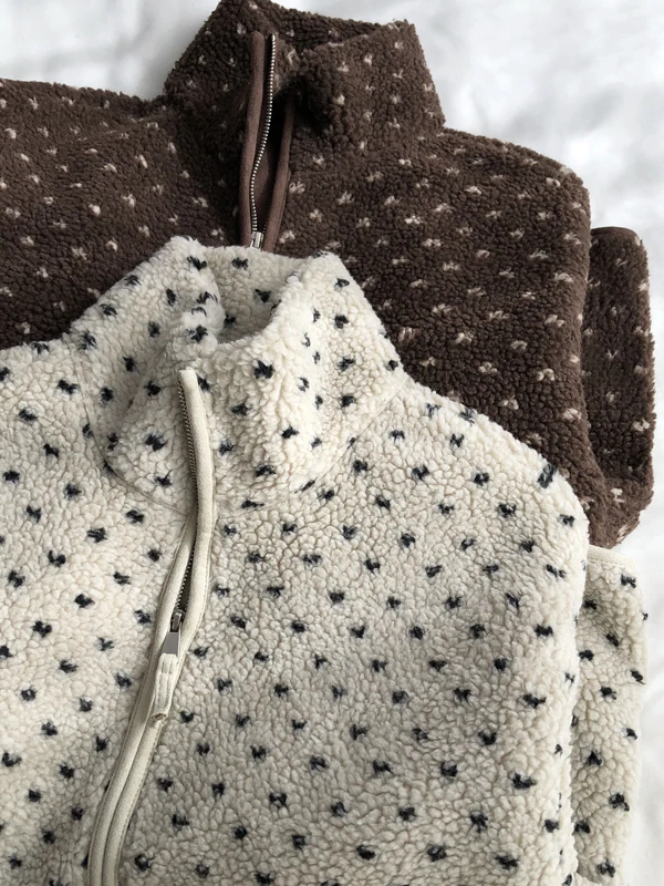 Authentic 2026 Autumn Winter Polka Dot Lamb Velvet Thickened Jacket Stand Collar Zipper Open Cardigan Warm Clothes Women's Fa...