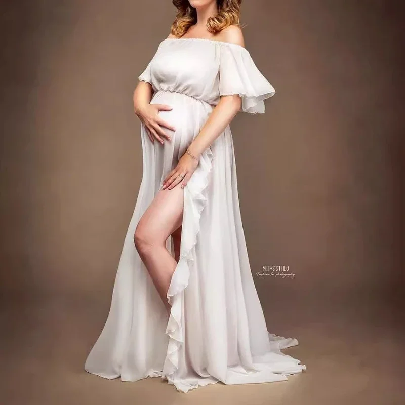 マタニティドレス-欧米風シフォンロングドレス-妊婦写真撮影用-エレガントパールシフォンドレス