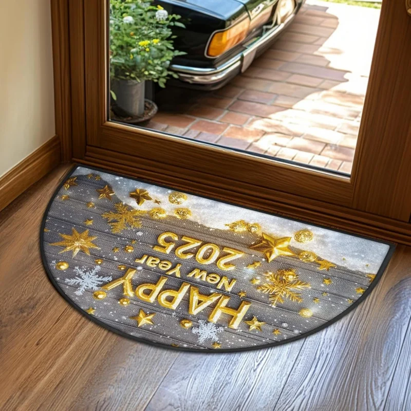 2025 New Year's semi-circular door mat snowflake outdoor carpet indoor and outdoor living room floor mat 60X35cm