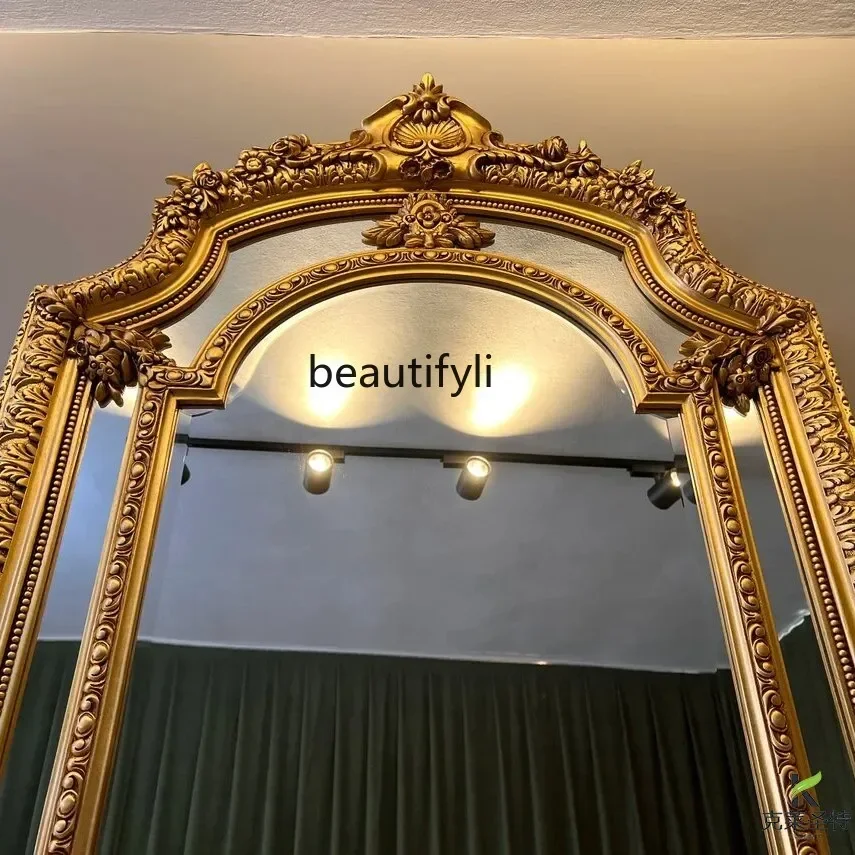 French makeup mirror retro vanity mirror wall hanging American carved porch fireplace decorative mirror6239