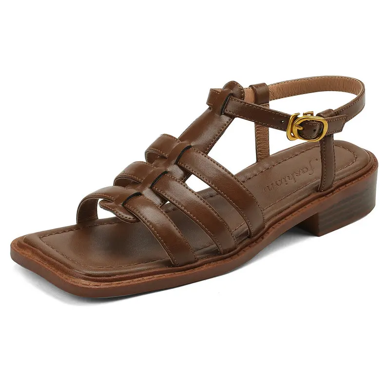 

Office Ladies Casual Women Sandals Summer Retro Style Concise Genuine Leather Thick Heels Shoes Woman Brand Design New