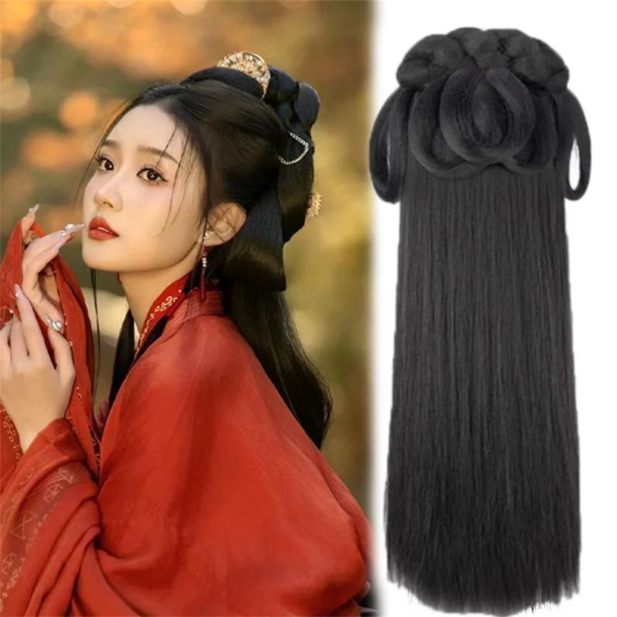 Women Synthetic Hanfu Headband Hair Extension Chinese Style Cosplay Antique Hairpiece Hair Accessories Headdress Black