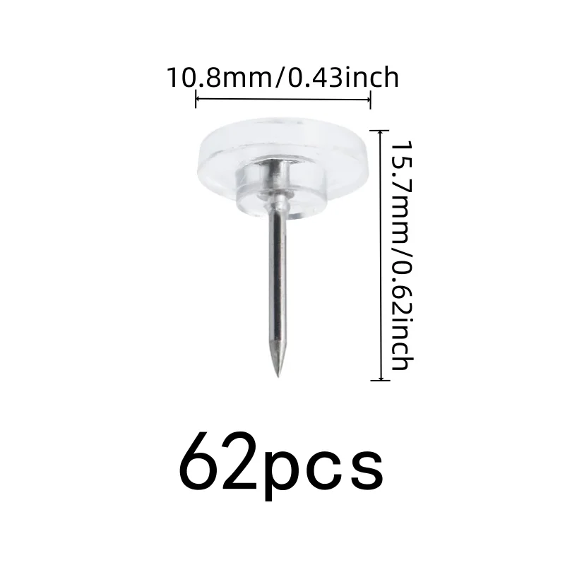 62 pcs Transparent Board Pins, Reusable Wall Safe, suitable for DIY Decoration Wall, Easy Push Sharp Pin