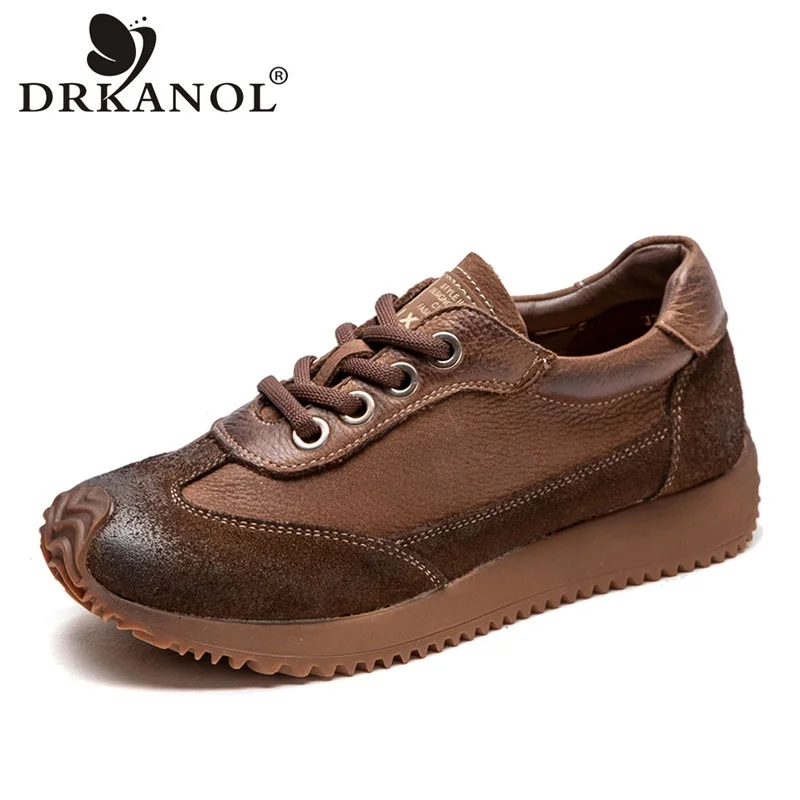 DRKANOL 2026 Fashion Women Flat Casual Sneakers Academic Style Retro Genuine Leather Lace-Up Sneakers Trend Comfort Women Shoes