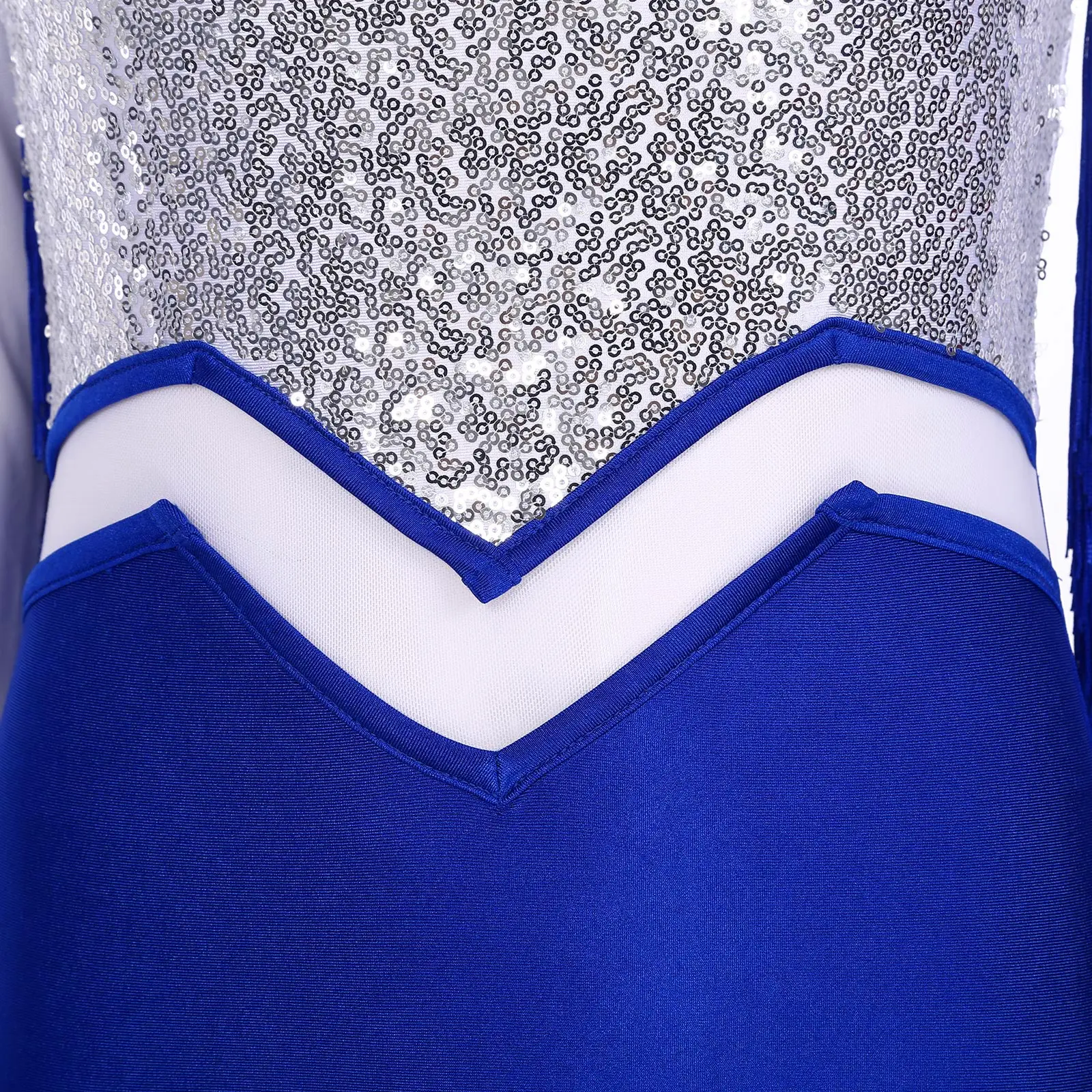 Women Latin Cha-Cha Dance Leotard Long Sleeve Sequin Mesh Tassel Bodysuit for Ballroom Dancing Tango Rumba Samba Performance