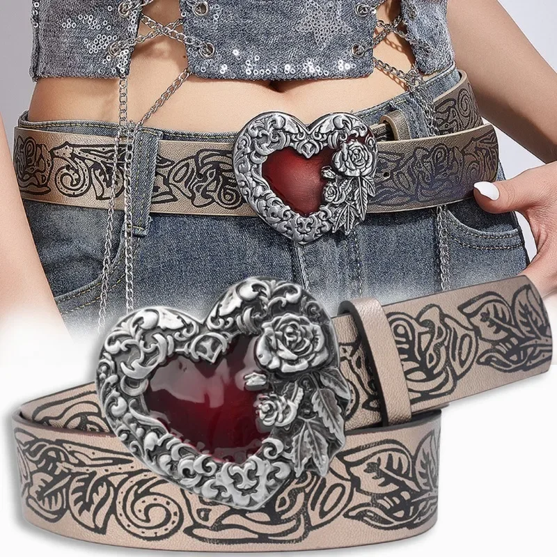 

Fashion Punk Metal PU Leather Belt Women Gothic Dark Alloy Rose Embossed Belts Y2k Spicy Girl Versatile Heart Retro Decorative