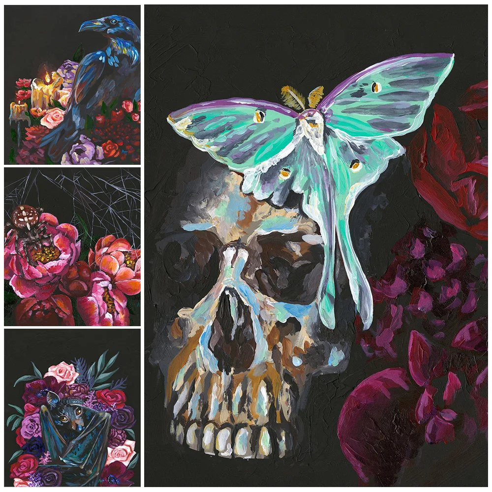 Creepy Crawler,Skull And Peonies Vintage Wall Art Canvas Painting Witchcraft Bat,Crow,Moth Abstract Art Poster Print Home Decor