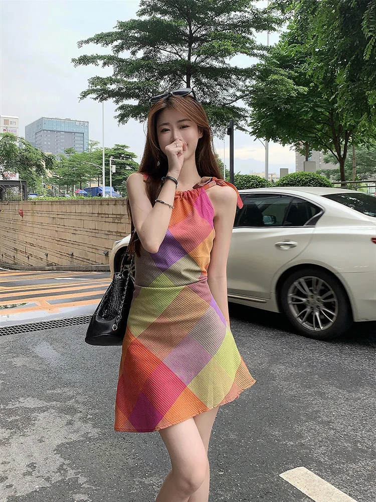 

Summer New Contrasting Checkered Spaghetti Strap Dress Women's O-Neck Temperament Slim Fit Casual Fashion Mini Dress