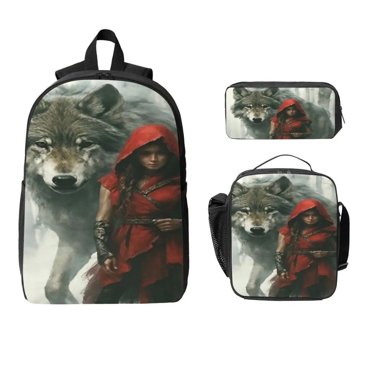 Little Red Riding Hood And Wolf Backpack Boys Girls BookBag School Bag Laptop Shoulder Bags 3ps Insulated Lunch Bag Pencil Case