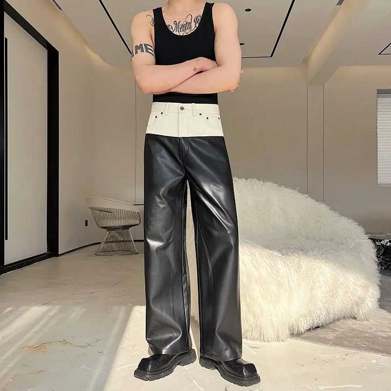 IEFB Designer Denim Matching PU Leather Color Contrast Versatile Straight Pants 2023 Wide Leg Male Trousers High Street 9A7434