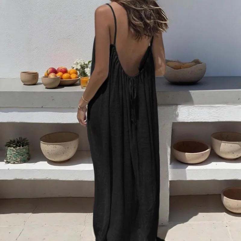 Vestido de verano para mujer de tiras finas, corte holgado, casual para casa, color liso, vacaciones frescas 4