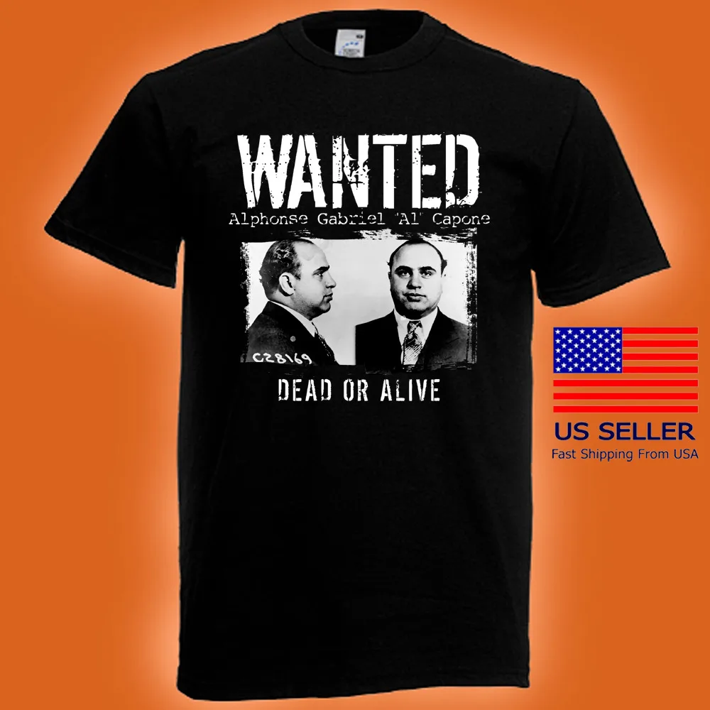 Al Capone Wanted Mafia Gangster Movie Men's Black T-shirt Size S to 5XL