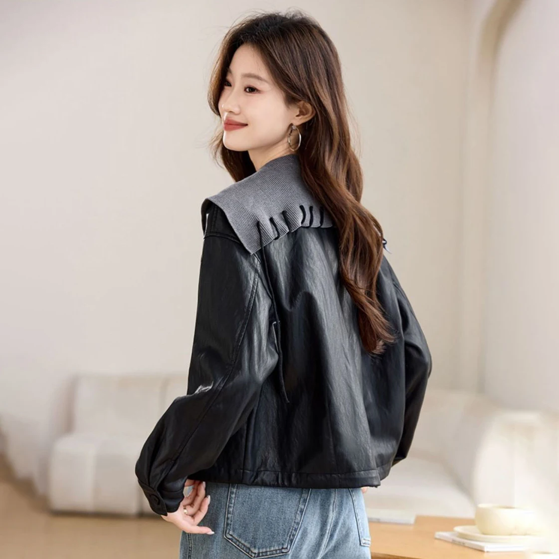 2025 primavera outono novo coreano contraste cor de malha costura jaqueta feminina outwear moda solta curto chique casual casaco de couro