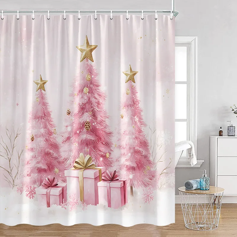 Pink Christmas Snowman Shower Curtains Winter Forest Watercolour Art Xmas New Year Home Bathroom Curtain Decoration With Hooks