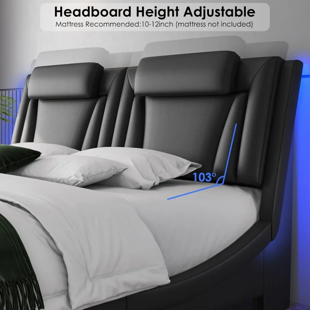 LED Headboard & Wave-Like Curve Design and Solid Wooden Slats Support, Pu Leather, No Box Spring Needed, Noise Free