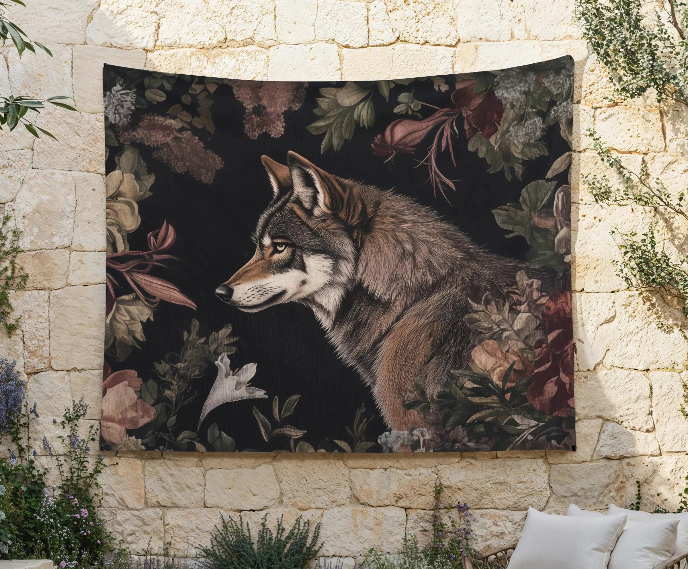VIKAMA Dark Retro Wolf Flower Tapestry Black Background Forest Wolf Fabric Dark Black Wind Decoration Room Decoration