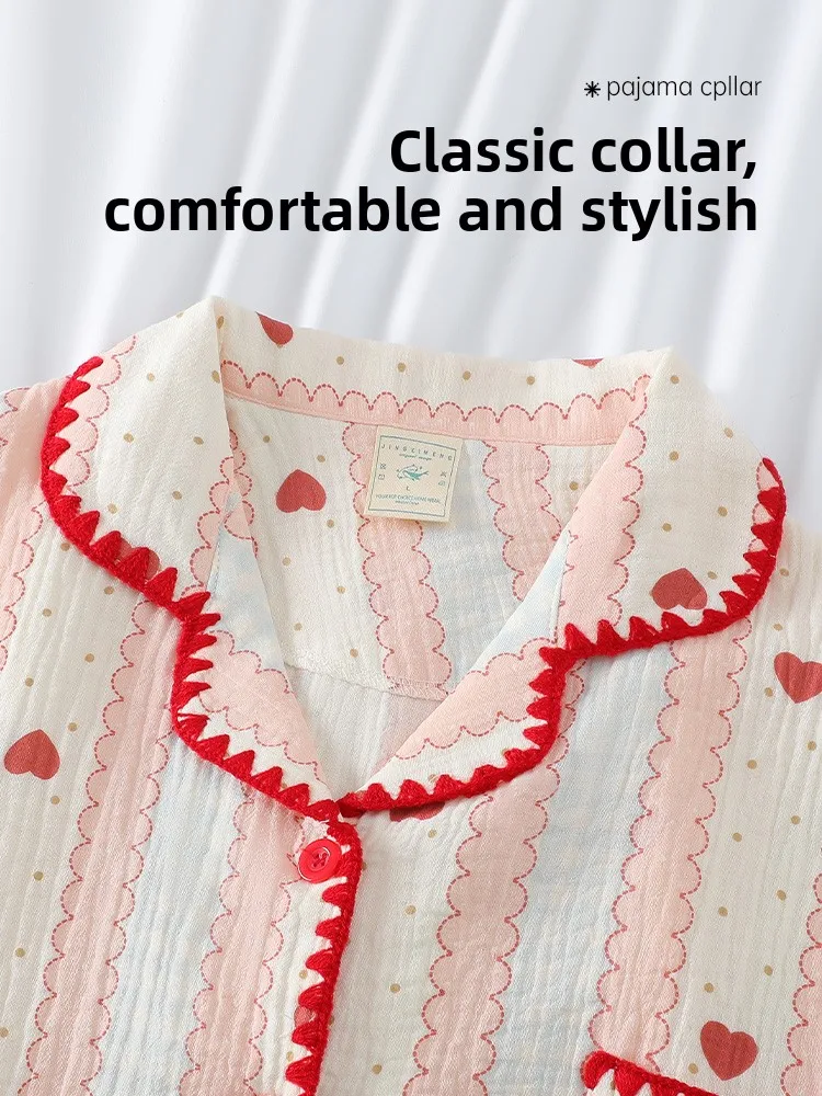 

Pure Cotton Spwear Women's Summer New Arrival Thin ort Sve Home Clothes Set Baby Cotton Yarn Heart Stripe ort Pants