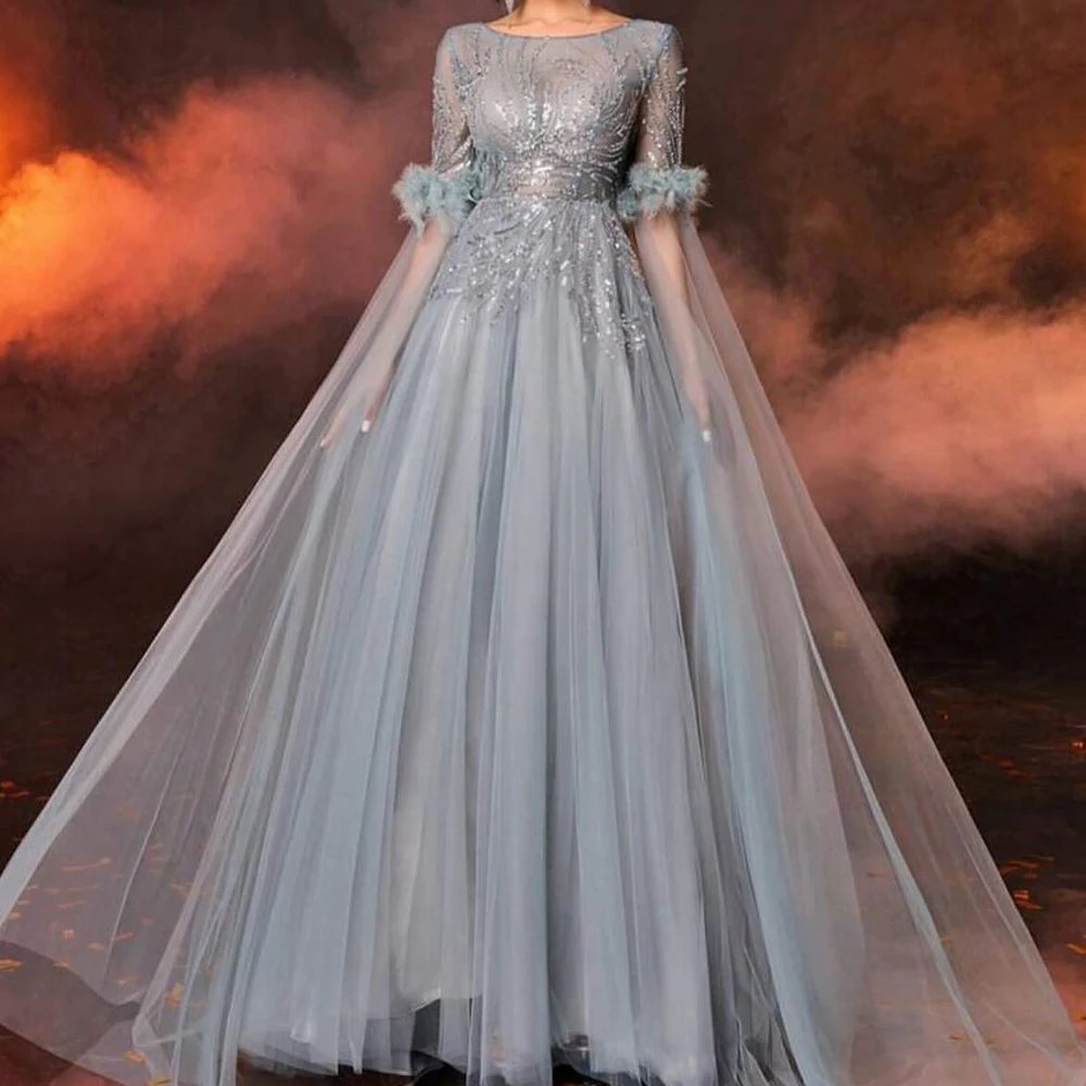 

Customized A-line Evening Dresses Floor-length Scoop-neck Full Sleeve Prom Gown Fashion Sequined Feathers Draped Party Gown