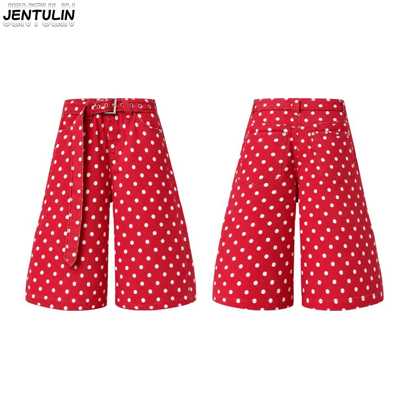 American Retro Polka Dot Washed Seven Part Wide Leg Pants With High Waist Metal Adjustable Buckle Loose Men's Women Casual Pants
