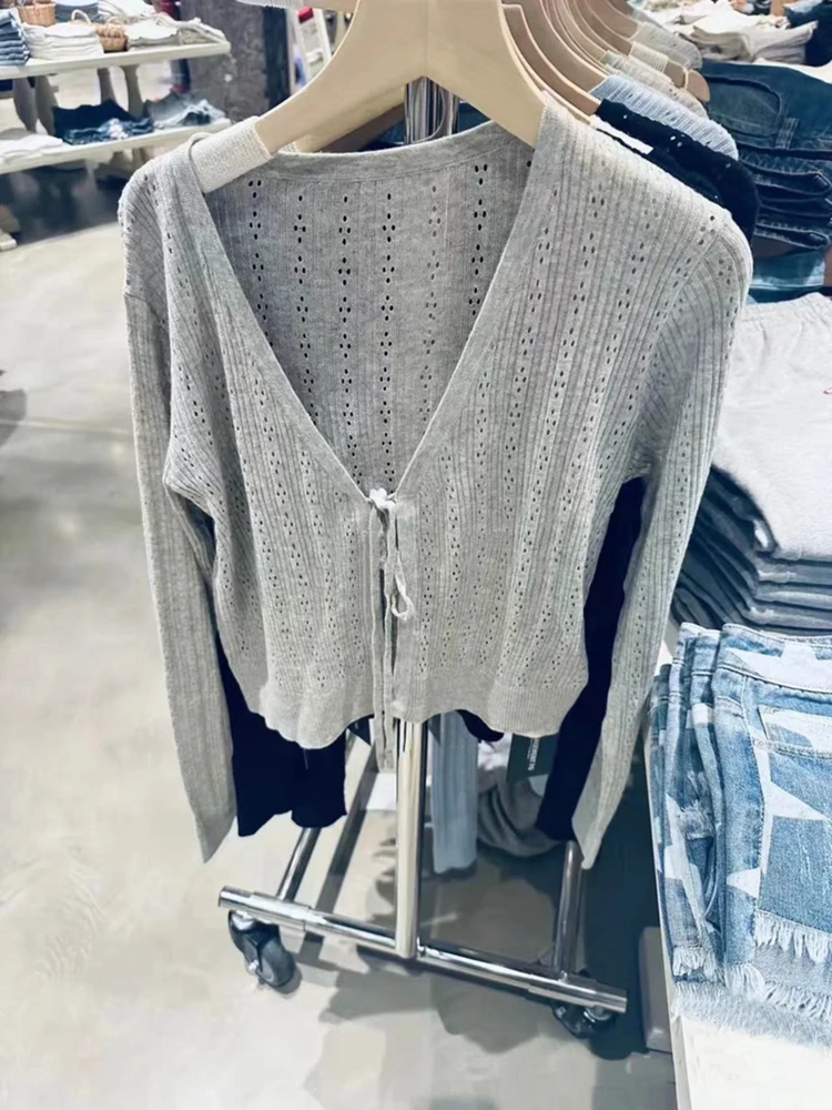 Elegant Women Grey Hollow Out Knit Cardigan 2023 Autumn Fashion Ladies V-Neck Sweaters Casual Female Chic Long Sleeve Tops