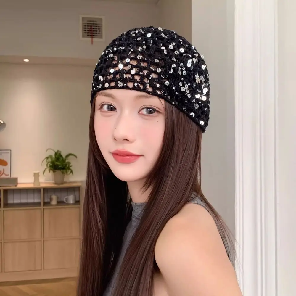 Casual Elegant Hollowed Out Knitted Hat Thin Solid Color Bohemian Style Beanies Ethnic Style Flower Woven Pullover Cap Outdoor