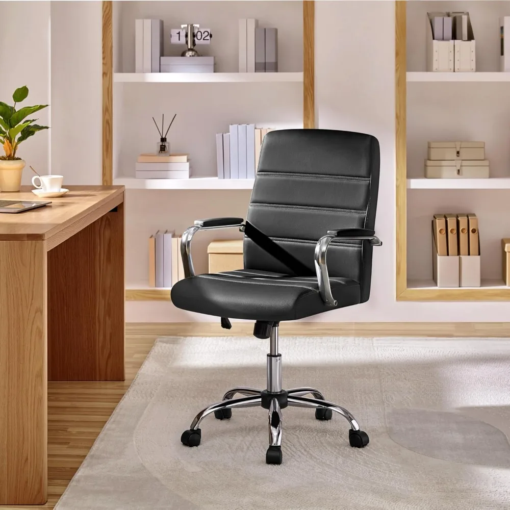 Managerial Executive Chair, Mid-Back PU Leather Office Task Chair – Ergonomic Computer Desk Chair with Lumbar Support & Swivel