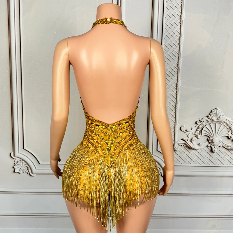 女性歌手パーティーフェスティバル衣装ゴールドラインストーンフリンジボディスーツナイトクラブ Dj Ds ポールダンス服ゴーゴー衣装 XS8863