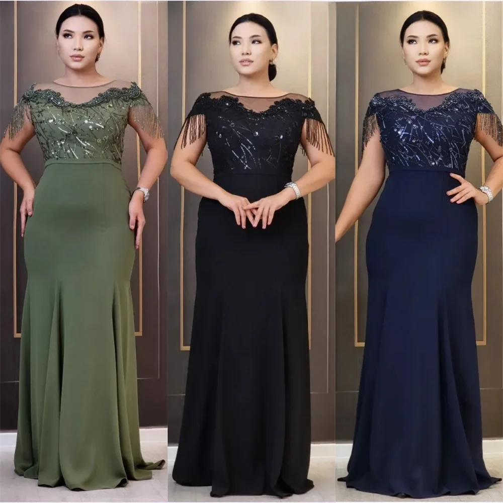 

Formal Gown Prom Dearin Scoop Neckline Column Floor Length Skirts Draped Tulle Sequin Bespoke Occasion Dresses Saudi Arabia Even