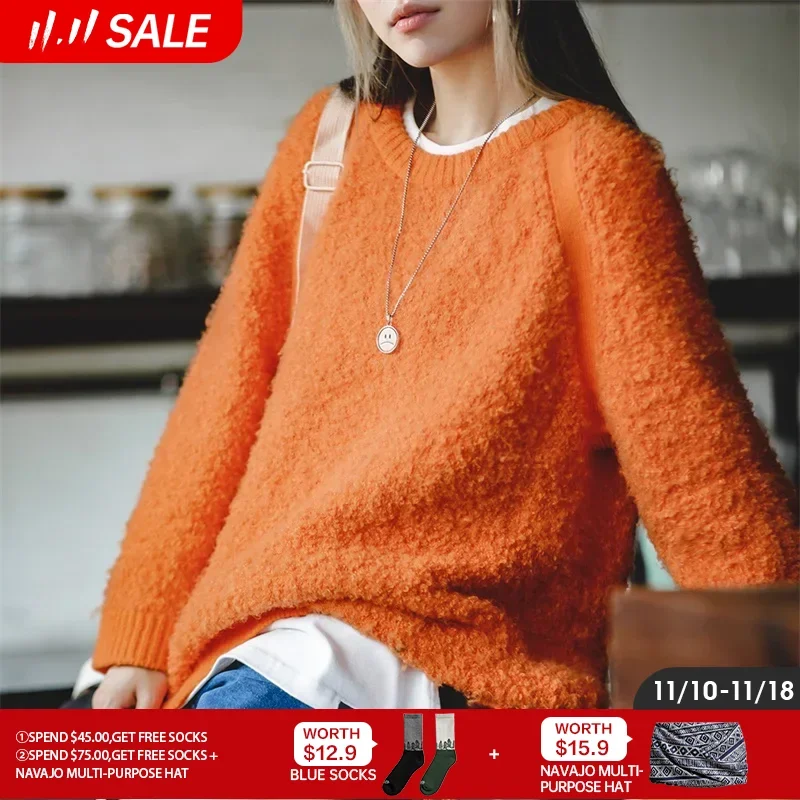 

Maden Women's Vintage Pullover Orange Sweater Autumn/Winter Round Yarn Knitted Warm Sweater Underlay