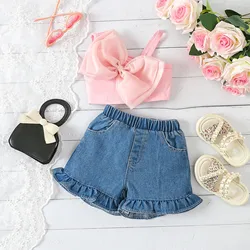 2PCS Toddler Baby Girls Denim Clothes Set Fashion One Shoulder Strap Bowknot Tops Elastic Waist Jeans Shorts Summer Outfits