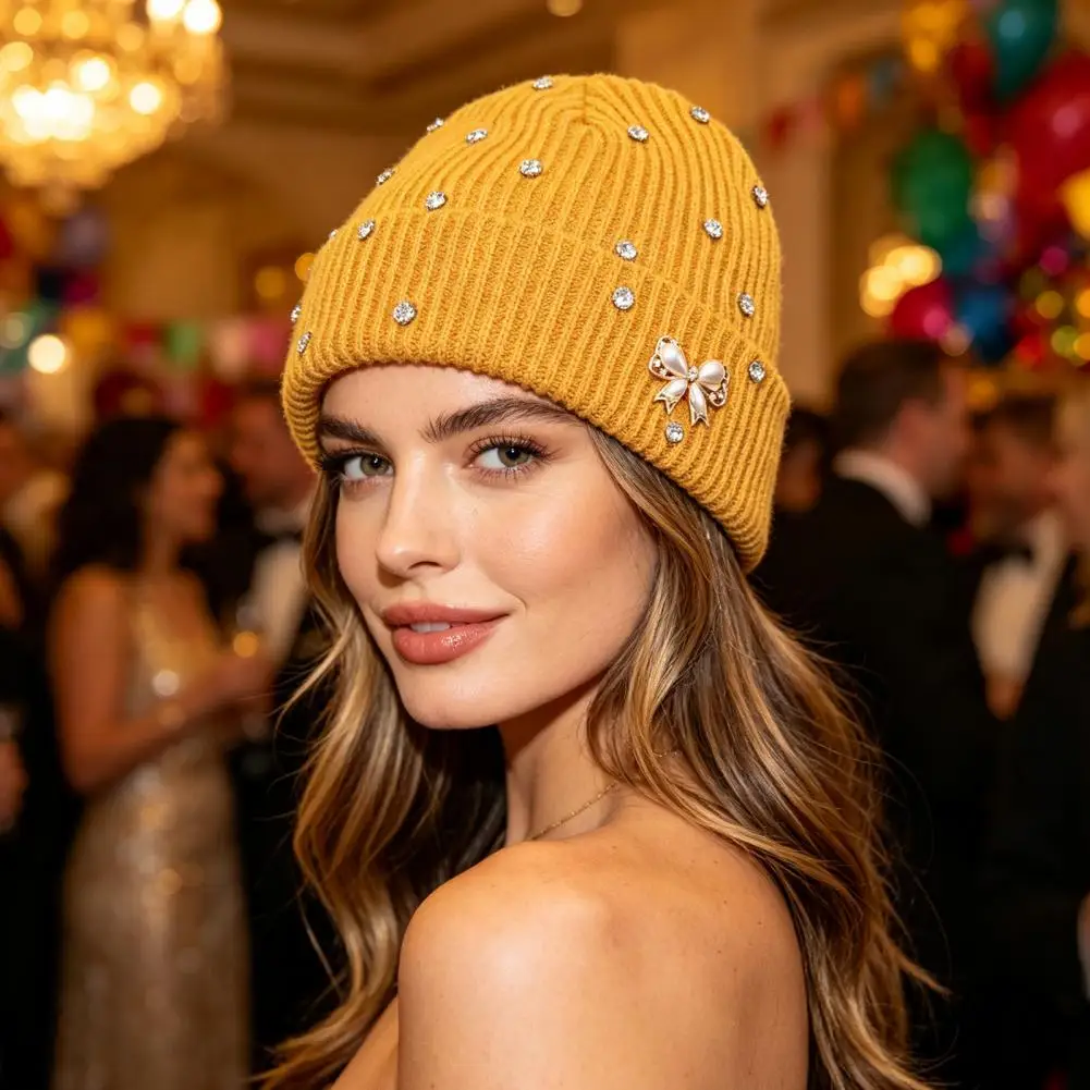 Faux Pearl Bow Knit Cap Winter Knitted Hat for Women Winter Knitted Hat with Rhinestone Faux Pearl Bow Cuffed Ribbed for Women