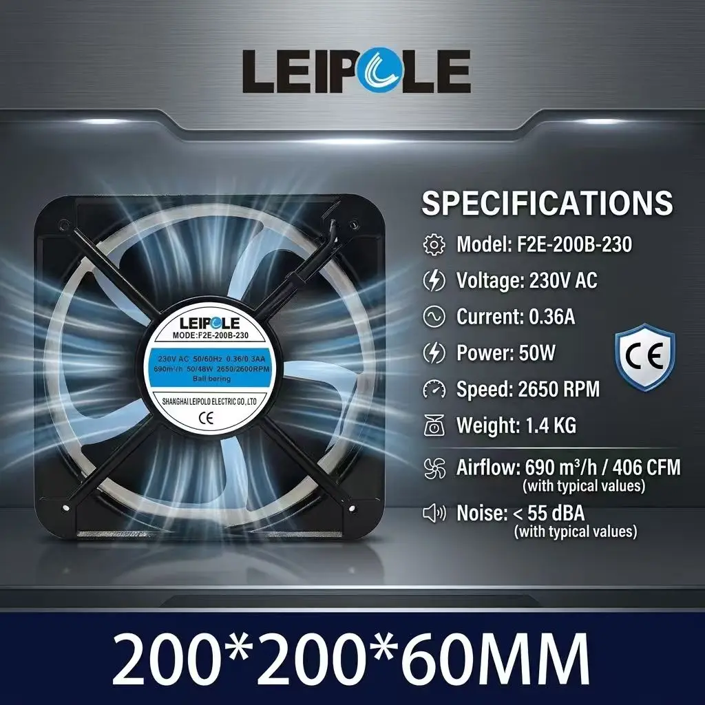 For LEIPOLE F2E-200B-230 AC 230V 0.36A 20060 200x200x60mm 2650RPM Dual Ball Bearing Server Inverter Chassis Enclosure Cooler Fan