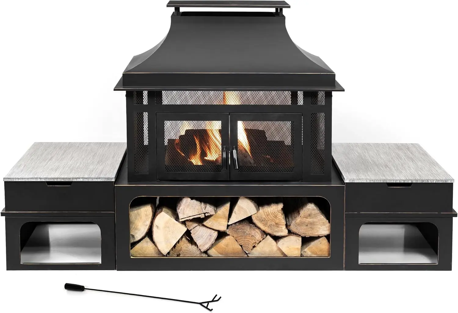 80-Inch Metal Wood Burner Fireplace with Side Storage Tables - Wood Burning Fire Pit for Home - Smokeless Patio Fire Pit