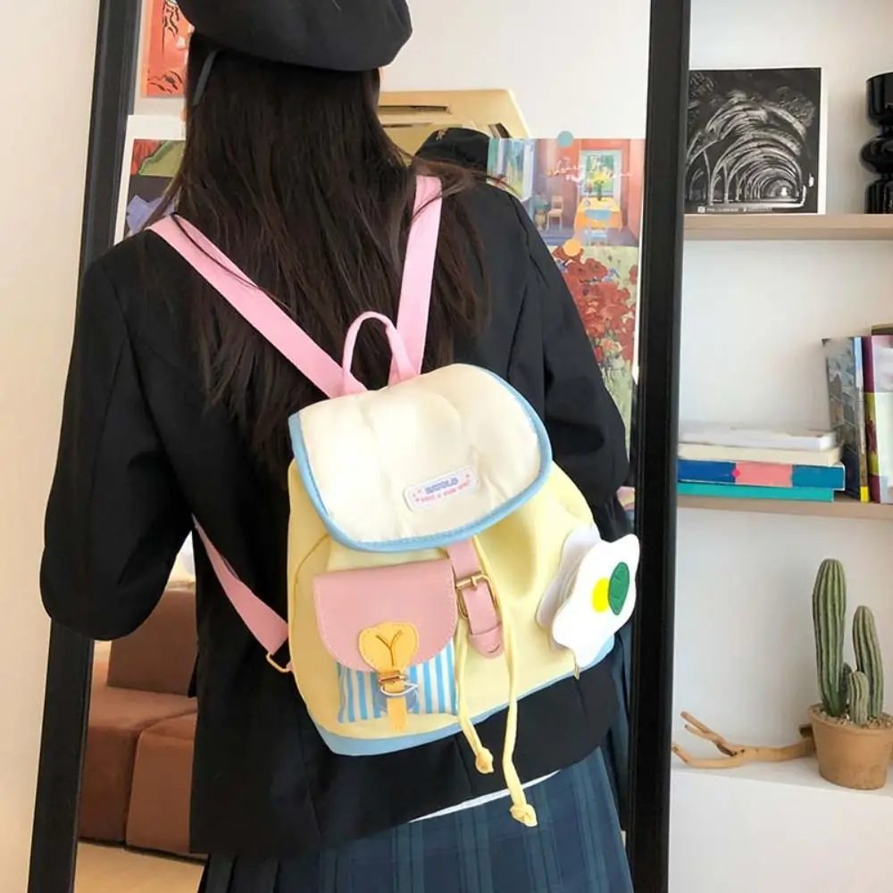 Tas Ransel Gaya Korea dengan Tali Serut, Motif Bunga Kreatif, Kapasitas Besar, Motif Garis, Tas Sekolah untuk Siswa, Tas Sekolah Kartun PU untuk Anak Perempuan
