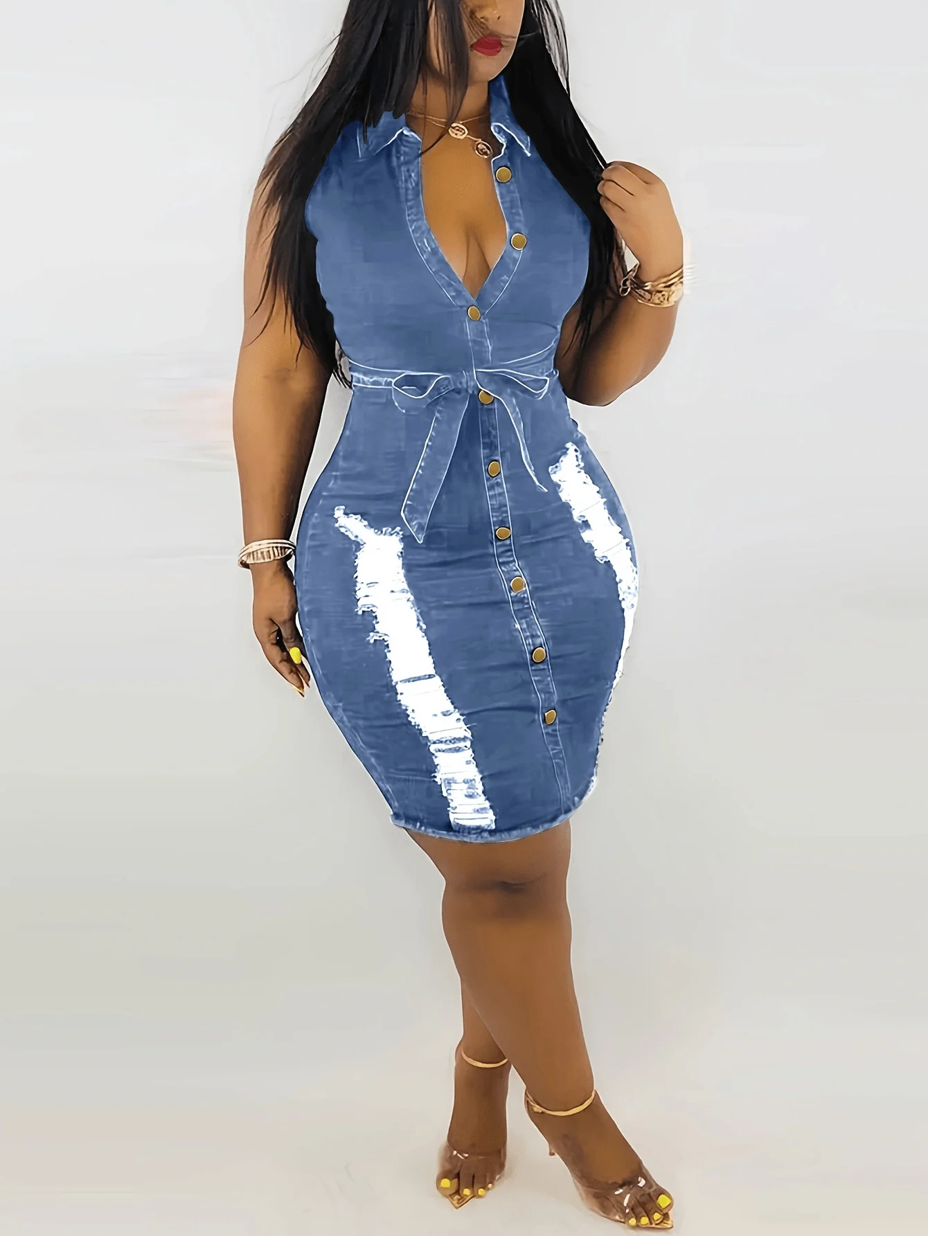 

Womens Denim Dress With Torn Design, Front Button Up, V-Neck, Waist Tie, Sleeveless, Bodycon Fit